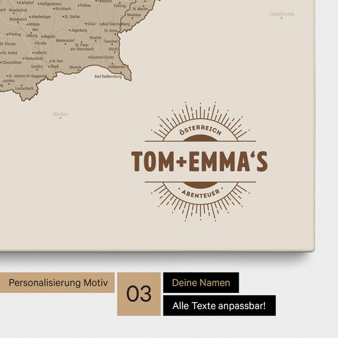 Österreich-Karte als Pinn-Leinwand in Desert Sand mit eingedruckten Namen als Logo in Form einer Sonne