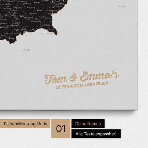 Österreich-Karte als Pinnwand Leinwand in Light Black (Weiß-Schwarz) mit Personalisierung und Eindruck mit deinem Namen