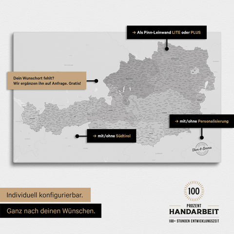 Konfigurationsmöglichkeiten einer Österreich-Landkarte mit Südtirol als Pinn-Leinwand in Multicolor Grau