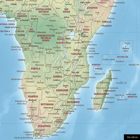 Physical world map in the Equal Earth projection with an inset of Africa in its correct relative size and proportions