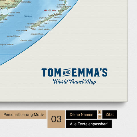 Personalization of a physical world map in the Equal Earth projection Push Pin Map with a vintage-style logo, where the names and the subheading “World Travel Map” can be changed