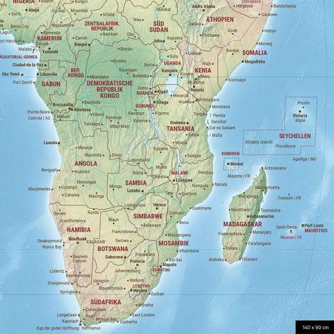 Physische Weltkarte mit Geländestruktur in der Equal-Earth-Projektion, Farbe Multicolor Terra, zeigt einen Ausschnitt von Afrika in seinen korrekten Größenverhältnissen und Proportionen