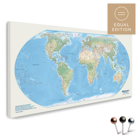 Physical world map in the Equal Earth projection as a high-quality Push Pin Map, ideal for marking places and planning trips
