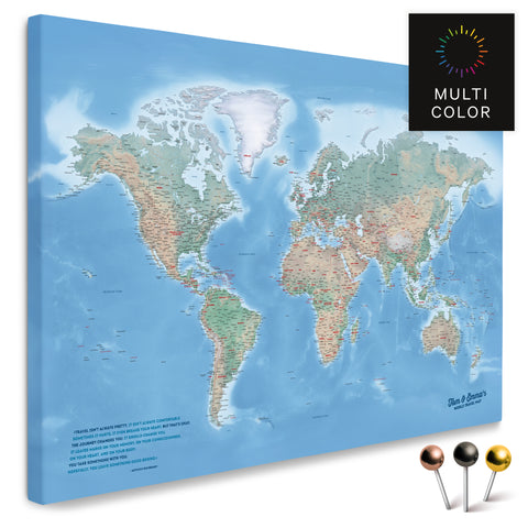 Buy high quality physical world map in multicolor terra as a push pin canvas or wall mural, perfect for marking and planning trips