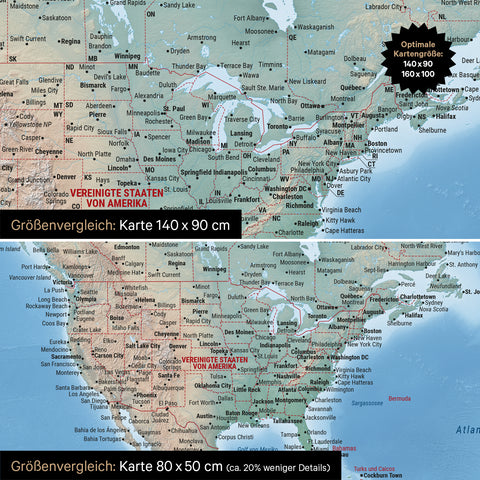 Size comparison of a physical world map canvas in the formats 140 x 90 cm and 80 x 50 cm