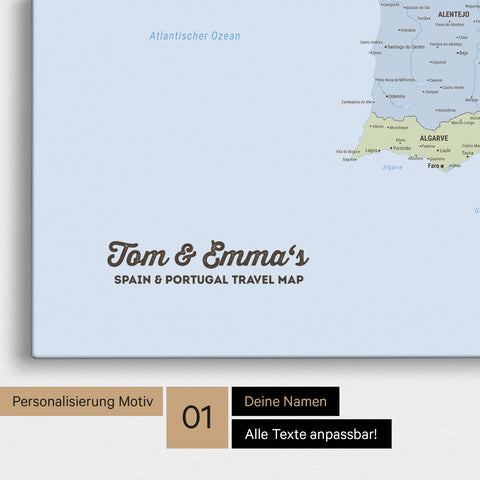 Politische Landkarte von Spanien- & Portugal als Pinnwand Leinwand mit Personalisierung und Namen in einer modernen Schreibschrift