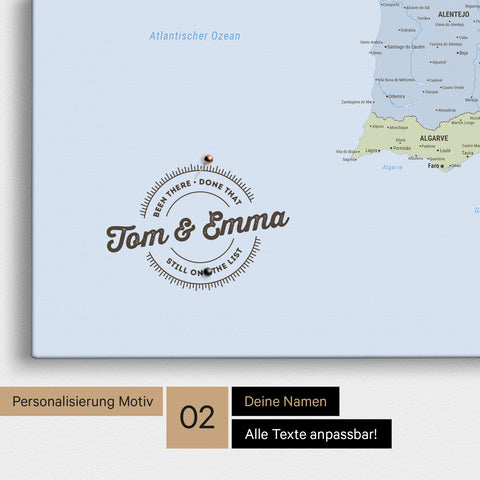 Politische Spanien- & Portugal-Karte Pinn-Leinwand mit Personalisierung als rundes Logo, das eine Legende für bereits besuchte Reiseziele im Rundtext beinhaltet