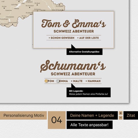 Magnetboard Schweiz-Karte in Multicolor Beige mit Personalisierung als Logo mit Familiennamen