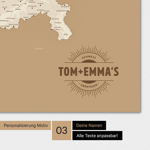 Schweiz-Karte Magnetboard in der Farbe Treasure Gold mit Personalisierung als Logo im Vintage-Look