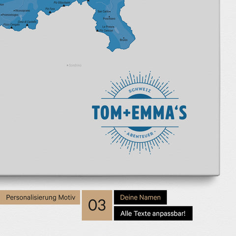 Schweiz-Karte als Pinn-Leinwand in Blau mit eingedruckten Namen als Logo in Form einer Sonne