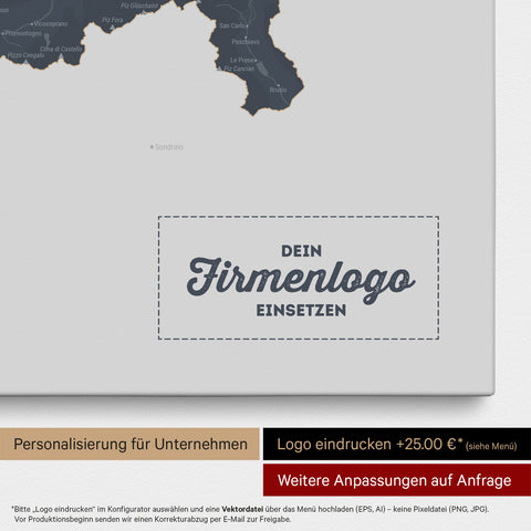 Schweiz-Karte als Pinn-Leinwand in Denim Blue mit Eindruck eines Firmenlogos