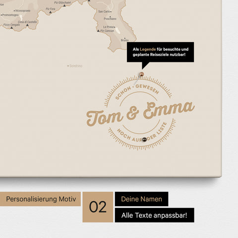 Pinnwand Leinwand einer Schweizkarte in Farbe Gold mit personalisiertem Eindruck von Namen und einer Legende zum Markieren