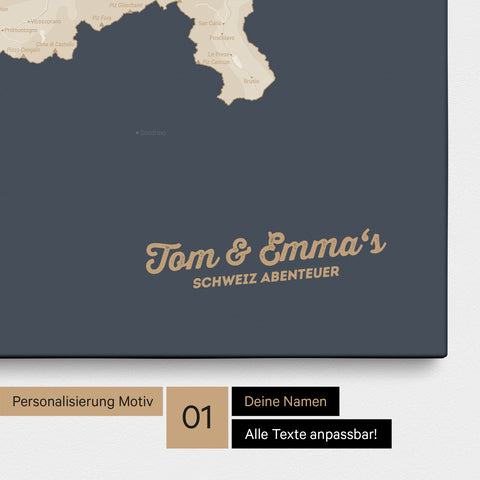 Schweiz-Karte als Pinnwand Leinwand in Hale Navy (Dunkelblau-Gold) mit Personalisierung und Eindruck mit deinem Namen