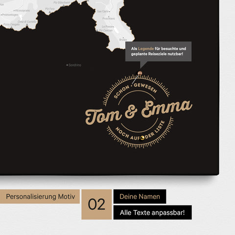 Pinnwand Leinwand einer Schweizkarte in Farbe Schwarz-Weiß mit personalisiertem Eindruck von Namen und einer Legende zum Markieren