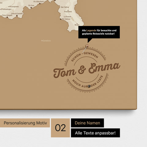Pinnwand Leinwand einer Schweizkarte in Farbe Treasure Gold mit personalisiertem Eindruck von Namen und einer Legende zum Markieren