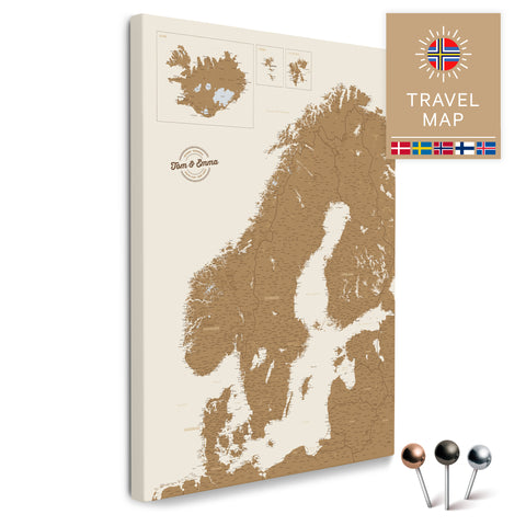 Skandinavien-Karte in Bronze als Pinnwand Leinwand zum Pinnen und Markieren von Reisezielen kaufen
