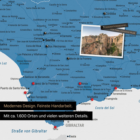 Spanien- & Portugal Landkarte in Blau als Leinwand zum Pinnen zeigt einen Ausschnitt der Costa del Sol mit vielen Details wie Nationalparks, Flüssen und zahlreichen kleinen Orten und Städten, die mit Pins markiert sind