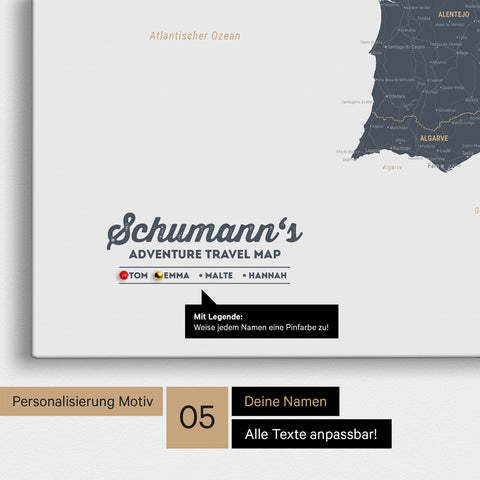 Spanien- & Portugal-Karte als Leinwand in Denim Blue mit Personalisierung als Logo mit Familiennamen und Legende für Orte, die man bereits besucht hat und noch besuchen möchte