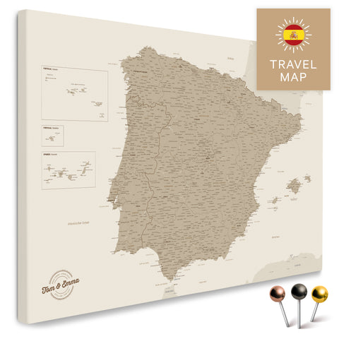 Spain & Portugal map in the color Desert Sand in a modern, minimalist design as a canvas for pinning travels and places