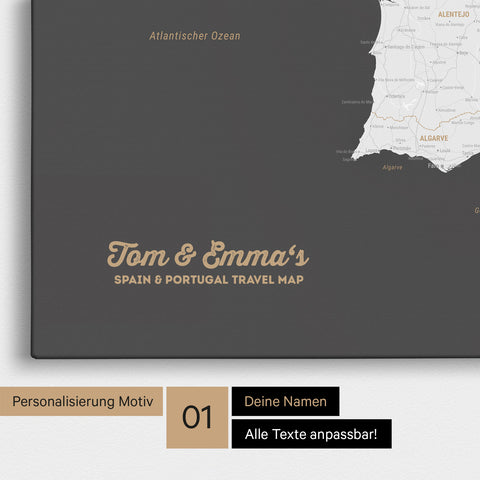 Landkarte von Spanien- & Portugal als Pinnwand Leinwand in Dunkelgrau mit Personalisierung und Namen in einer modernen Schreibschrift