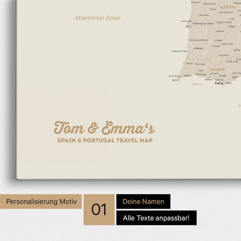 Landkarte von Spanien- & Portugal als Pinnwand Leinwand in Gold mit Personalisierung und Namen in einer modernen Schreibschrift