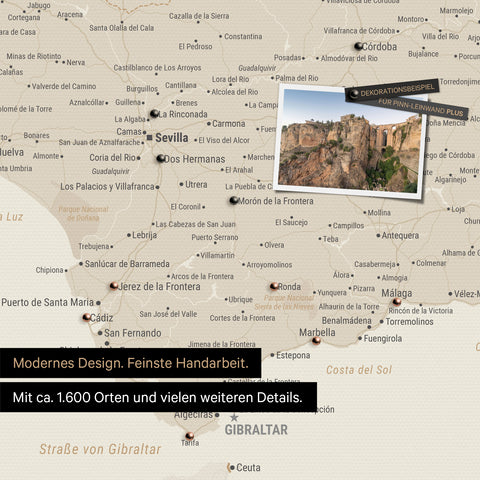Spain & Portugal map in gold on canvas for pinning shows a section of the Costa del Sol with many details such as national parks, rivers, and numerous small villages and towns marked with pins