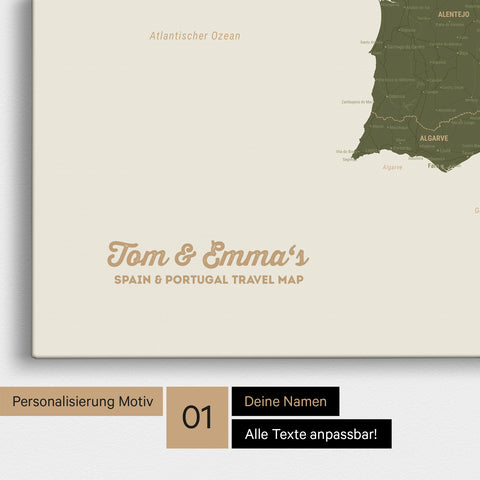 Landkarte von Spanien- & Portugal als Pinnwand Leinwand in Oliv-Grün mit Personalisierung und Namen in einer modernen Schreibschrift