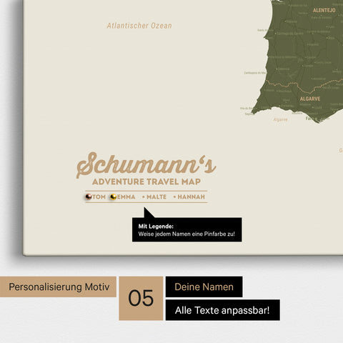 Spanien- & Portugal-Karte als Leinwand in Oliv-Grün mit Personalisierung als Logo mit Familiennamen und Legende für Orte, die man bereits besucht hat und noch besuchen möchte