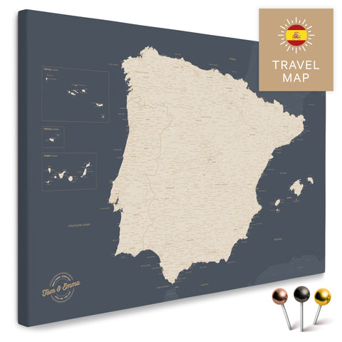 Spain & Portugal map in the color Hale Navy in a modern, minimalist design as a canvas for pinning travels and places