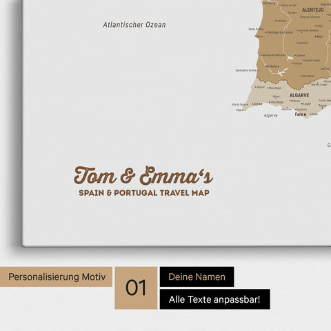 Landkarte von Spanien- & Portugal als Pinnwand Leinwand in Multicolor Beige mit Personalisierung und Namen in einer modernen Schreibschrift
