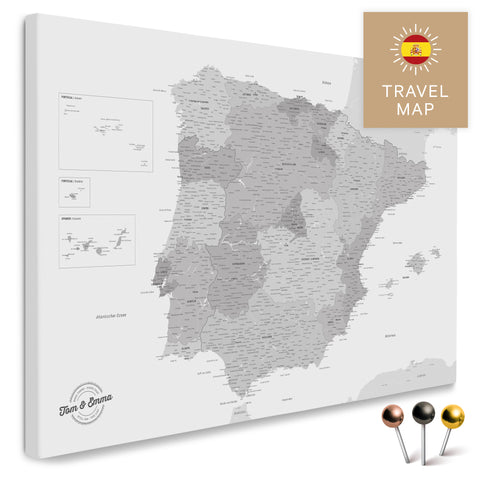 Spain & Portugal map in multicolor gray in a modern, minimalist design as a canvas for pinning trips and places