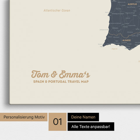 Landkarte von Spanien- & Portugal als Pinnwand Leinwand in Navy Light mit Personalisierung und Namen in einer modernen Schreibschrift