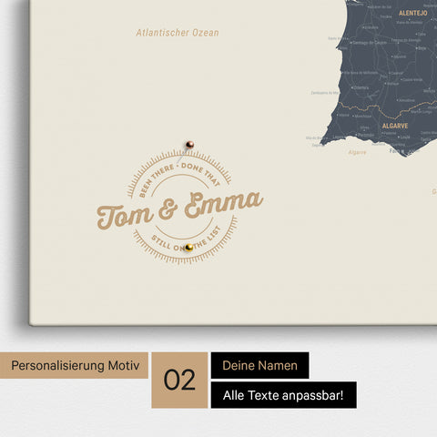 Spanien- & Portugal-Karte Pinn-Leinwand in Navy Light mit Personalisierung als rundes Logo, das eine Legende für bereits besuchte Reiseziele im Rundtext beinhaltet