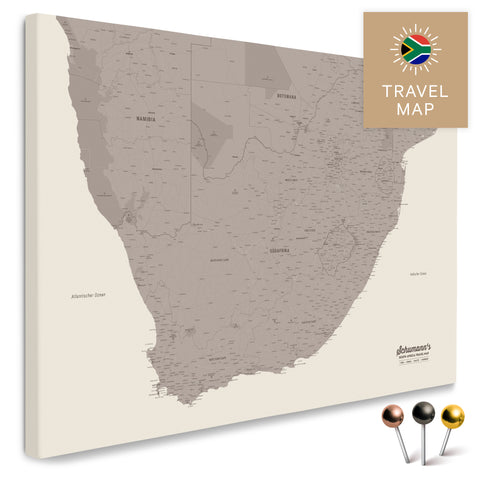 South Africa map in Warmgray color (brown-gray) as a Push Pin Map, with pins to mark travel destinations, high-quality made in Germany.