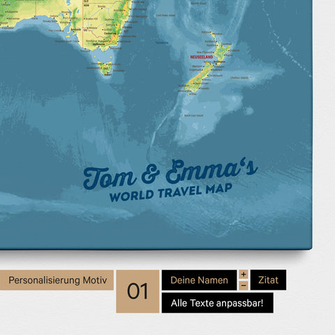 Topographic world map as a pinboard canvas in multicolor topo with personalization and imprint of your name
