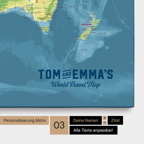 Personalization of a topographic world map pinboard in multicolor topo with a vintage-look logo, where the names and the subtitle "World Travel Map" can be changed