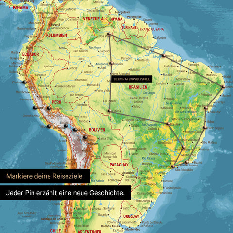 Detail of a topographic world map as a Push Pin Map in multicolor topo with pins showing a marked travel route in South America through the countries Brazil, Peru, and Ecuador