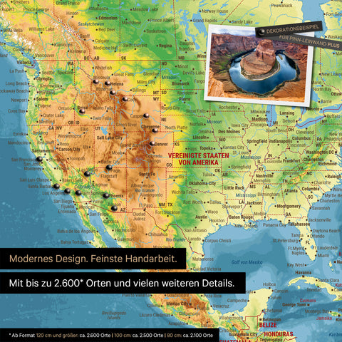 Detailed topographic world map as a pinboard in multicolor topo for marking up to 2,600 travel destinations in the USA, Canada, and Mexico, ideal for the visual representation of past trips and future travel plans