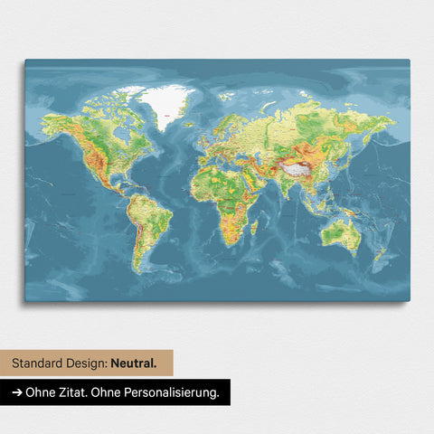 Neutral and simple Version of a topographic world map as a Push Pin Map in multicolor topo without personalization
