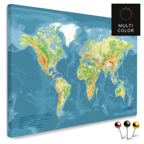 High-quality topographic world map in multicolor topo as a pin canvas, perfect for marking and planning trips, buy