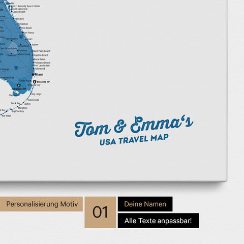 USA America map with high level of detail as a Push Pin Map canvas in blue with personalization and imprint with your name