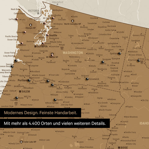 Section of a USA America map as a Push Pin Map in bronze shows travel destinations and highlights in Washington, Oregon, and Idaho