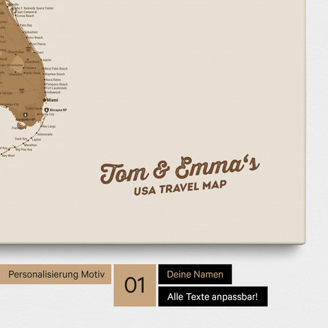 USA America map with high level of detail as a Push Pin Map canvas in bronze with personalization and imprint with your name