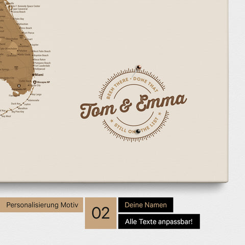 Personalized USA America map as a canvas in bronze with printed names and a legend for marking visited places