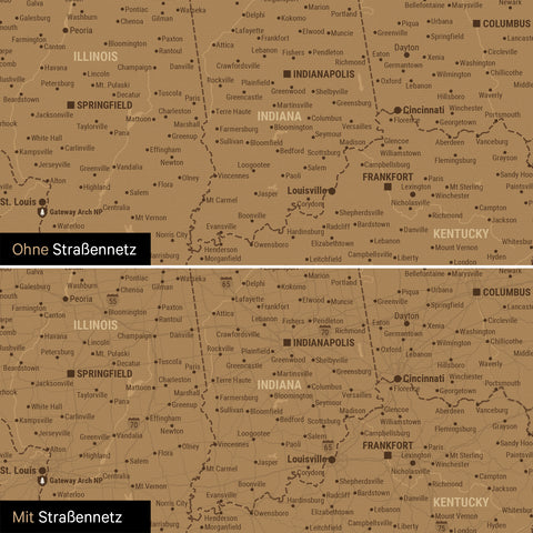 USA America Push Pin Map in bronze, optionally with the road network of the largest highways and interstates
