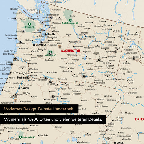 Section of a USA America map as a Push Pin Map in Multicolor Classic showing travel destinations and highlights in Washington, Oregon, and Idaho