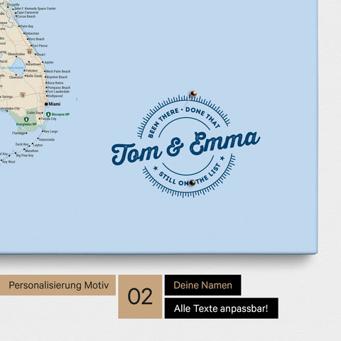Personalized USA America map as a canvas in Multicolor Classic with printed names and a legend for marking visited places