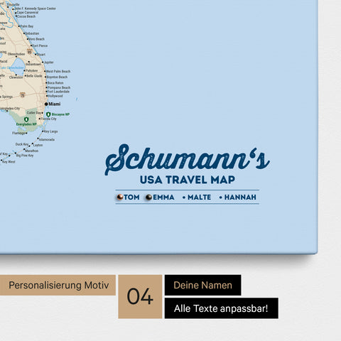 Detailed USA America map as a Push Pin Map in Multicolor Classic with personalization as a logo for the whole family