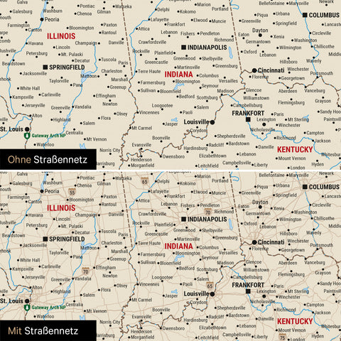 USA America Push Pin Map in Multicolor Classic, optionally with the road network of the largest highways and interstates