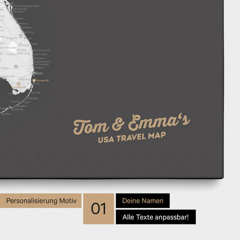 USA America map with high level of detail as a Push Pin Map canvas in dark gray with personalization and imprint with your name